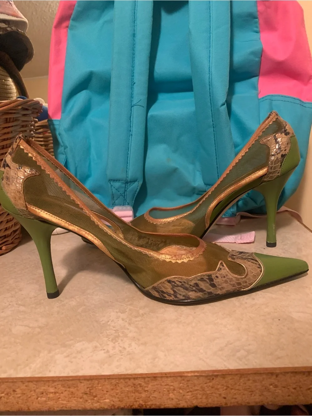 Liz Claiborne shoulder bag paired with slingback heels.